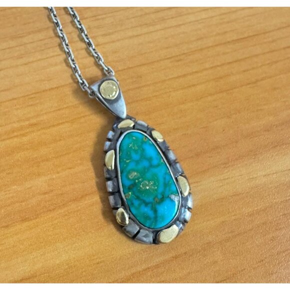 18k Gold & Sterling Silver Necklace Pendant Huge High Grade Kingman Turquoise - Picture 4 of 9